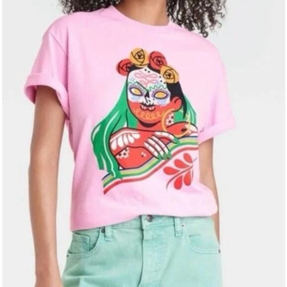 NWT Dia Pacheco x Golden‎ Hour UO Women Shirt Pink Short Sleeve Cotton Spanish - Picture 1 of 7